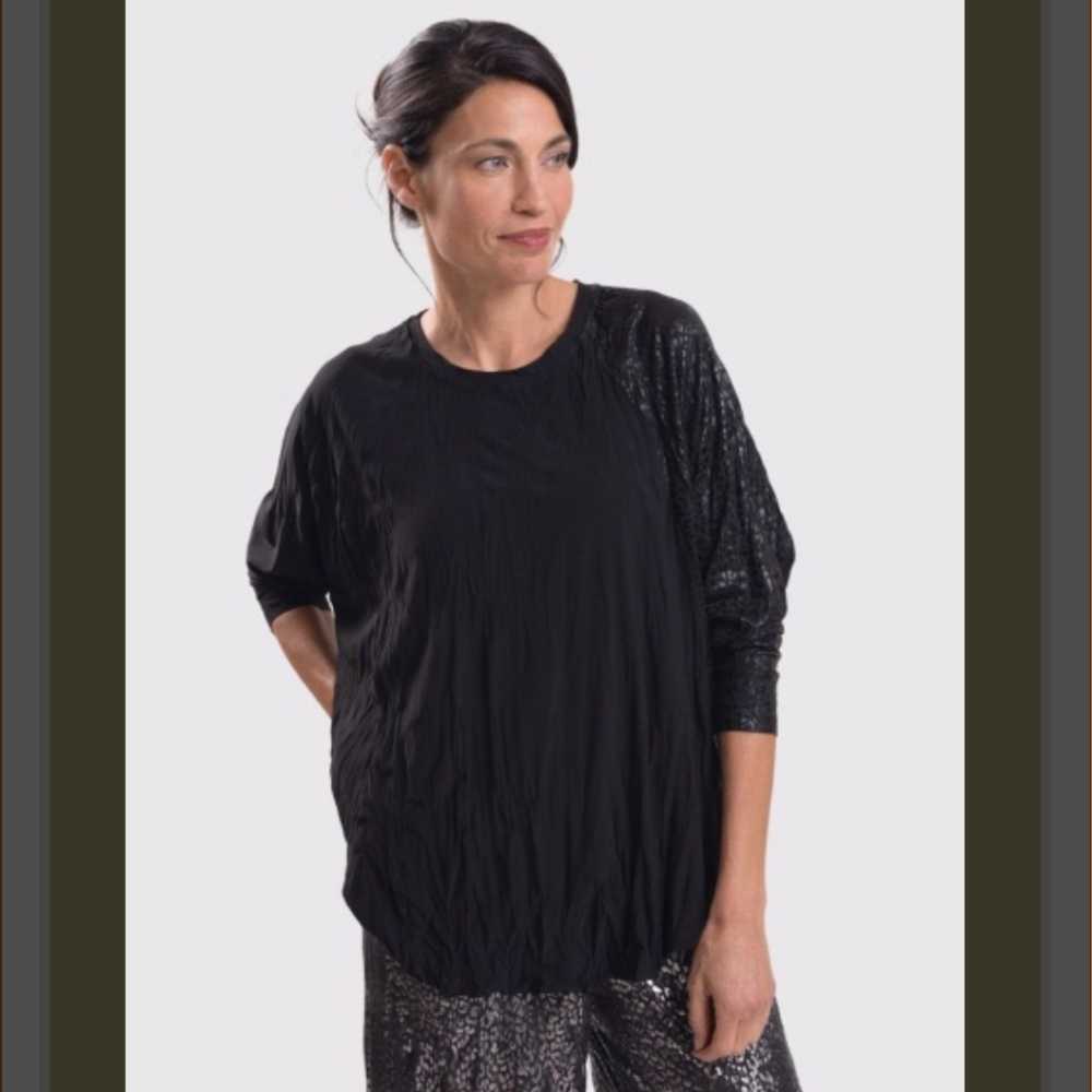 Alembika Black Metallic Funky Short Sleeve Top, Size 1, Small,‎ Artsy, Boho